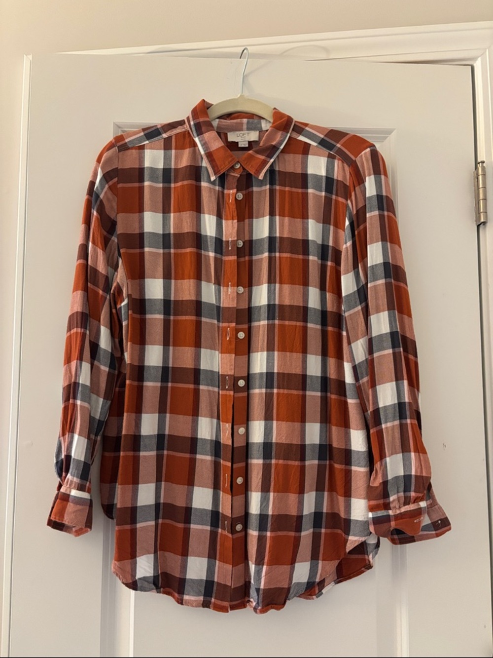 LOFT Orange, White, Grey Lightweight Flannel Plaid Button-Down Shirt